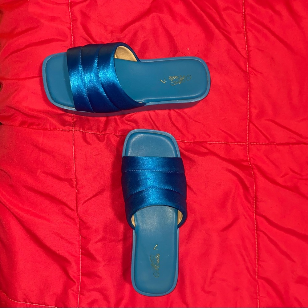Blue Satin Slide Sandals